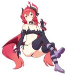  1girl :3 absurdres ahoge arm_at_side bare_shoulders black_bra black_gloves black_horns black_panties black_ribbon black_thighhighs blue_archive blush boots bra bracelet breasts cleavage closed_mouth collar collarbone commentary_request cosplay demon_horns demon_wings disgaea elbow_gloves etna_(disgaea) etna_(disgaea)_(cosplay) flowers-imh full_body gloves hair_between_eyes hair_ribbon half-closed_eyes halo hand_up happy highres horn_ornament horns index_finger_raised invisible_chair jewelry junko_(blue_archive) korean_commentary leg_up legs long_hair looking_to_the_side low_wings panties pink_eyes playing_with_own_hair pointy_ears purple_footwear red_hair red_wings ribbon side-tie_panties sidelocks simple_background sitting slit_pupils small_breasts smile solo spaghetti_strap thighhighs thighs twintails underwear underwear_only very_long_hair white_background wings 