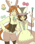  2girls :q absurdres ace_attorney animal_ears athena_cykes black_corset black_hair black_headwear black_pantyhose blue_eyes closed_mouth collared_shirt corset cowboy_shot dress fake_animal_ears gumi_(gelatin) hand_on_own_hip hand_up hat highres holding holding_scepter long_hair long_sleeves multiple_girls neck_ribbon orange_hair pantyhose pink_dress pink_ribbon pink_shorts rabbit_ears ribbon scepter shirt shorts side_ponytail smile standing tongue tongue_out top_hat trucy_wright white_shirt 