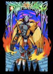 armor claws digimon digimon_(creature) digimon_adventure full_body green_eyes helmet highres horns mas_square multicolored_background no_humans red_hair solo standing wargreymon 