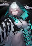  1girl :d absurdres aqua_eyes aqua_nails arknights breasts coat commentary_request covered_navel dress fangs fingerless_gloves gloves grey_gloves grey_hair hair_between_eyes head_wings highres hisamichi_(hisamichi1373) ho&#039;olheyak_(arknights) large_breasts looking_at_viewer nail_polish open_clothes open_coat open_mouth short_hair smile solo upper_body white_coat white_dress wings 