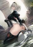  1girl 2b_(nier:automata) absurdres ass back_cutout black_footwear black_hairband black_shirt blue_eyes boots breasts clothing_cutout feather-trimmed_sleeves gloves hairband high_heel_boots high_heels highres juliet_sleeves katana large_breasts leotard long_sleeves looking_at_viewer looking_back nier:automata nier_(series) nr_noir parted_lips puffy_sleeves shirt short_hair sitting solo sword thigh_boots virtuous_contract wariza water weapon white_hair white_leotard 