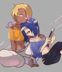  +_+ 2girls bare_shoulders barefoot black_leggings blonde_hair blue_hair blue_nails blue_shirt butterfly_sitting closed_mouth colored_inner_hair commentary cropped_shirt dark-skinned_female dark_skin ear_piercing english_commentary eyeliner fang folding_fan frye_(splatoon) gomipomi gradient_hair grey_background hachimaki hair_ornament hair_over_one_eye hair_scrunchie hair_tie half-closed_eyes hand_fan hand_on_another&#039;s_shoulder headband holding holding_fan humanization leaning_back leaning_on_person leggings looking_at_viewer low_ponytail makeup midriff multicolored_hair multiple_girls nail_polish navel off-shoulder_shirt off_shoulder orange_scrunchie orange_shirt pale_skin pants parachute_pants piercing pink_hair purple_hair purple_nails red_eyes sarashi scrunchie see-through shirt shiver_(splatoon) short_hair simple_background sitting smile splatoon_(series) splatoon_3 torn_leggings white_headband white_pants yellow_eyes 