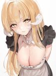  1girl :/ arms_behind_back au_ra blonde_hair blunt_bangs blurry breasts cleavage closed_mouth cyobiro depth_of_field dragon_girl dragon_horns final_fantasy final_fantasy_xiv furrowed_brow horns large_breasts leaning_forward long_hair looking_at_viewer maid scales short_sleeves solo sweatdrop upper_body white_background yellow_eyes 