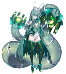  1girl :d animal_ears aqua_bow aqua_bowtie aqua_hair blue_eyes bow bowtie bright_pupils celesteela colored_inner_hair covered_navel elbow_gloves fang full_body gloves green_thighhighs hair_between_eyes hand_on_own_hip high_heels highleg highleg_leotard katagiri_hachigou leotard multicolored_hair open_mouth personification pokemon rabbit_ears simple_background skin_fang smile solo striped striped_bow striped_bowtie thighhighs two-tone_hair v-shaped_eyebrows white_background white_headwear white_pupils 