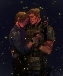  2boys artist_request bara beard brown_hair chris_redfield couple facial_hair feet_out_of_frame highres holding_hands large_pectorals leon_s._kennedy light_particles male_focus mature_male multiple_boys muscular muscular_male pectorals resident_evil resident_evil_4 resident_evil_4_(remake) short_hair smile stubble yaoi 