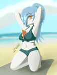  2023 alyx_(cobra0281) beach bikini blue_hair breasts cleavage clothed clothing cobra0281 female gardevoir generation_3_pokemon hair hair_over_eye hair_tie_in_mouth hands_behind_head hi_res humanoid kneeling looking_at_viewer medium_breasts midriff navel nintendo not_furry one_eye_obstructed orange_eyes pokemon pokemon_(species) ponytail pose seaside shiny_pokemon signature solo summer swimwear 