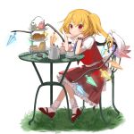  1girl ascot back_bow bangs blonde_hair blue_ascot blush bow bun_(food) cake chair closed_mouth collared_dress croissant crystal cup dress flandre_scarlet food frills grass hair_between_eyes hands_up hat hat_ribbon highres keiki8296 kettle looking_at_viewer mob_cap multicolored_wings no_headwear one_side_up plate puffy_short_sleeves puffy_sleeves red_eyes red_footwear red_ribbon red_skirt red_vest ribbon shadow shoes short_hair short_sleeves simple_background sitting skirt skirt_set smile socks solo table tea touhou vest watch white_background white_bow white_dress white_headwear white_socks wings 