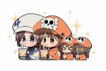 &gt;_&lt; 4girls april_(guilty_gear) black_gloves blue_eyes brown_hair bubble_tea cabbie_hat clothed_robot cup disposable_cup drink drinking_straw drinking_straw_in_mouth fingerless_gloves gloves guilty_gear guilty_gear_strive hair_between_eyes hat hat_ornament holding holding_cup holding_drink hood hoodie humanoid_robot itsuka_neru long_hair long_sleeves looking_at_viewer may_(guilty_gear) multiple_girls object_through_head open_mouth orange_eyes orange_headwear orange_hoodie orange_shirt robo-may robot round_eyewear screw_in_head shirt short_hair skull_and_crossbones skull_hat_ornament smile white_headwear 