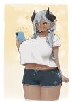  1girl absurdres black_shorts blush breasts cellphone collarbone cropped_legs dark-skinned_female dark_skin grey_hair hair_over_shoulder highres horns huge_breasts ichika_(ichika_manga) long_hair long_pointy_ears low_twintails midriff_peek navel no_nose original phone pointy_ears selfie shirt shirt_overhang shorts smile solo stomach twintails white_shirt yamiel-chan 