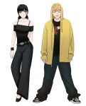  1boy 1girl absurdres belt black_belt black_eyes black_hair black_pants black_shirt blonde_hair bracelet breaking_bad breasts chainsaw_man commentary contrapposto cosplay denji_(chainsaw_man) frown grin highres jane_margolis jane_margolis_(cosplay) jesse_pinkman jesse_pinkman_(cosplay) jewelry medium_breasts mitaka_asa off-shoulder_shirt off_shoulder pants pochita_(chainsaw_man) ponytail shirt shoes sleeves_past_wrists smile sneakers spaghetti_strap xyanaid yellow_eyes 