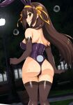  1girl animal_ears ass backless_leotard bench black_choker black_gloves black_leotard black_thighhighs breasts brown_eyes brown_hair choker commentary elbow_gloves fake_animal_ears fake_tail from_behind gloves hairband haruhisky highres lamppost leotard long_hair looking_at_viewer medium_breasts night orange_hairband orange_ribbon outdoors park_bench parted_lips playboy_bunny profile rabbit_ears rabbit_tail ribbon solo standing strapless strapless_leotard suzumiya_haruhi suzumiya_haruhi_no_yuuutsu sweatdrop tail thighhighs tree turning_head 