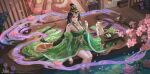  1girl bare_legs bare_shoulders bell cat censer character_request closed_mouth earrings falling_petals flower food hair_bun highres jewelry jingle_bell lily_pad long_hair lotus petals romance_of_the_three_kingdoms rug smile solo tassel tassel_earrings tiara tofu upper_body water yinse_qiji 