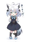  1girl aged_down ahoge aisu_(icicleshot) animal_ear_fluff animal_ears backpack bag black_socks blue_dress blue_eyes blush braid child dress fox_ears fox_girl fox_tail full_body highres hololive kneehighs looking_at_viewer open_mouth pinafore_dress ribbon shirakami_fubuki shirt shoes short_hair sleeveless sleeveless_dress smile socks solo tail twintails white_footwear white_hair white_shirt 