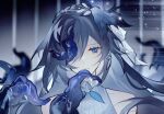  alternate_costume animal_on_head bird bird_hair_ornament bird_on_head blue_eyes blue_hair dress eyebrows_hidden_by_hair fu_hua fu_hua_(azure_empyrea) fu_hua_(cerulean_court) grey_hair hair_between_eyes hair_ornament highres honkai_(series) honkai_impact_3rd long_hair official_alternate_costume on_head pearl_hair_ornament putting_on_jewelry white_dress 