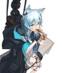  1girl animal_ear_fluff animal_ears arknights backpack bag black_cape blue_gloves blue_hair cape cat_ears cat_girl detached_sleeves dress earpiece eating feet_out_of_frame fingerless_gloves food food_on_face gloves green_eyes hair_between_eyes highres holding holding_food hot_dog kasumi_yuzuha ketchup long_hair looking_at_viewer rosmontis_(arknights) simple_background sitting solo white_background white_dress 