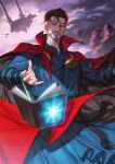  1boy belt black_belt black_cloak black_hair blue_eyes blue_shirt book checkered_cloak cloak cloud cloudy_sky doctor_strange doctor_strange_in_the_multiverse_of_madness facial_hair fingernails grey_hair hands_up jewelry long_sleeves looking_at_viewer male_focus marvel marvel_cinematic_universe multicolored_hair necklace open_book outdoors pink_sky poboong123 red_cloak rock shirt short_hair sky solo standing two-sided_cloak two-sided_fabric two-tone_hair 