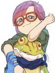  1boy 1girl blue_eyes blue_gloves blush chrono_trigger closed_mouth frog_(chrono_trigger) gan2 glasses gloves highres looking_at_viewer lucca_ashtear open_mouth purple_hair short_hair simple_background smile white_background 
