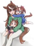  3girls :&gt; aged_down animal_ears blue_eyes blue_hoodie book bow brown_hair commentary_request feet_out_of_frame green_sweater holding holding_book hood hood_down hoodie horse_ears horse_girl horse_tail kusanagi_kaoru long_hair multicolored_hair multiple_girls official_alternate_costume open_mouth pants pink_bow pink_shorts pleated_skirt ponytail purple_eyes short_hair shorts sitting skirt smile socks streaked_hair sweater symboli_rudolf_(umamusume) tail teeth tokai_teio_(umamusume) tsurumaru_tsuyoshi_(umamusume) umamusume upper_teeth_only white_hair white_pants white_skirt white_socks 