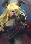  1girl armor be_syake black_armor black_bodysuit black_horns blonde_hair bodysuit dragon_horns facial_mark fate/grand_order fate_(series) hair_over_one_eye highres horns long_hair looking_at_viewer nero_claudius_(fate) night outdoors pointy_ears queen_draco_(fate) queen_draco_(third_ascension)_(fate) shoulder_plates smile solo wavy_hair 