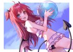  1girl ahoge ball beachball bikini bikini_day black_wings blue_eyes blush demon_tail demon_wings doze_(tyko102) frilled_bikini frills heterochromia highres holding holding_ball holding_beachball long_hair nijisanji open_mouth red_eyes red_hair smile solo swimsuit tail two_side_up virtual_youtuber white_bikini wings yuzuki_roa 