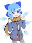  1girl :d ahoge alternate_costume blue_coat blue_hair blue_scarf blush_stickers bow cirno claw_pose coat contrapposto flat_chest hands_up highres ice ice_wings open_mouth orange_scarf pantyhose petite plaid plaid_scarf rozugadena scarf short_hair simple_background smile solo teeth touhou upper_teeth_only white_background wings winter_clothes 
