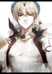  1boy bare_pectorals bare_shoulders blonde_hair earrings fate/grand_order fate_(series) gilgamesh_(caster)_(fate) gilgamesh_(fate) hair_between_eyes jewelry looking_at_viewer male_focus pectorals red_eyes short_hair simple_background sleeveless smile solo source_quote tanxiacross11 turban 