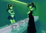  artist_name ass back bishoujo_senshi_sailor_moon black_dress breasts dress dual_persona gloves green_light highres kino_makoto looking_at_mirror magical_girl mirror nanaeljustice reflection sailor_jupiter signature skirt standing 