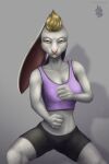  2022 anthro athletic blonde_hair breasts cleavage clothed clothing exposed_belly female fexneel_denisse fighting_pose fist fur hair hare hi_res lagomorph leporid looking_at_viewer mammal mohawk pose seizobaru simple_background small_waist solo watermark white_body white_fur yellow_eyes 