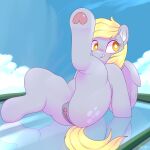  1:1 2023 absurd_res against_surface animal_genitalia animal_pussy clitoris cloud cutie_mark derpy_hooves_(mlp) digital_media_(artwork) equid equine equine_genitalia equine_pussy eyebrows eyelashes female friendship_is_magic genitals hasbro hi_res mammal my_little_pony on_glass outside pegasus pussy redvais solo wings 