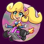  2020 accessory activision alex-toons anthro blonde_hair clothing coco_bandicoot crash_bandicoot_(series) female flower flower_in_hair footwear green_eyes hair hair_accessory hi_res kart mammal marsupial open_mouth open_smile plant ponytail signature smile solo vehicle 