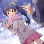  1boy 1girl antenna_hair black_hair blue_eyes blush cellphone coat earrings from_behind ganaha_hibiki grey_coat hair_ornament hair_ribbon hair_scrunchie hiiringu holding holding_phone idolmaster idolmaster_(classic) idolmaster_million_live! idolmaster_million_live!_theater_days jewelry kneepits long_hair long_sleeves looking_at_another looking_back open_mouth outdoors phone pink_scarf pink_skirt plaid plaid_scarf pleated_skirt ponytail producer_(idolmaster) ribbon scarf scrunchie skirt smartphone winter 