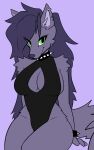  2023 anthro bracelet breasts canid canine canis cleavage cleavage_cutout clothed clothing collar colored digital_media_(artwork) dima_(artist) dima_(character) ear_piercing female flat_colors green_eyes hair hi_res inner_side_boob invisible_geometry jewelry long_hair looking_at_viewer mammal piercing purple_hair side_boob simple_background sitting smile solo spiked_bracelet spiked_collar spikes thick_thighs wide_hips wolf 