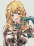  1girl aqua_gloves armor blonde_hair breastplate commentary_request fire_emblem fire_emblem:_three_houses fire_emblem_warriors:_three_hopes gloves green_eyes grey_background grin highres hk_539099410 ingrid_brandl_galatea looking_at_viewer medium_hair official_alternate_costume official_alternate_hairstyle pauldrons shoulder_armor simple_background smile solo upper_body 