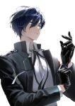  1boy absurdres adjusting_clothes adjusting_gloves aimitkkays aqua_eyes black_gloves black_jacket black_ribbon blue_hair floating_hair gekkoukan_high_school_uniform gloves glowing glowing_eyes hair_over_one_eye highres jacket latex latex_gloves male_focus neck_ribbon persona persona_3 persona_3_reload ribbon school_uniform shirt simple_background white_background white_shirt yuuki_makoto 