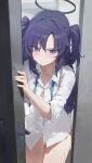  1girl absurdres blue_archive blush breasts button_gap cleavage collarbone doorway halo highres long_hair looking_at_viewer medium_breasts modare necktie no_pants open_collar purple_eyes purple_hair shirt solo two_side_up undone_necktie very_long_hair white_shirt yuuka_(blue_archive) 