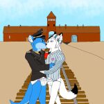  anthro blue_body blue_eyes clothed clothing diaper duo green_eyes kissing male male/male standing swastika unknown_artist wearing_diaper white_body 