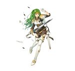 1girl arm_up armor belt boots breastplate breasts broken_armor damaged dress fire_emblem fire_emblem:_the_sacred_stones fire_emblem_heroes gloves green_eyes green_hair headband high_heel_boots high_heels holding holding_sword holding_weapon long_hair medium_breasts official_art orange_headband pantyhose pencil_dress sheath sheathed solo swinging sword syrene_(fire_emblem) thigh_boots torn_clothes torn_pantyhose v-shaped_eyebrows weapon white_background white_footwear white_gloves 