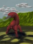  3_legs ambiguous_gender beak digital_media_(artwork) feral hi_res monster not_furry nude outside red_body solo solo_focus standing tripod worldeaterart 