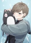  1boy blue_jacket blush brown_hair earrings grey_eyes highres jacket jewelry jimmynoura kanae_(1st_costume)_(nijisanji) kanae_(nijisanji) male_focus mole mole_under_eye nijisanji one_eye_closed roto_(kanae) smile solo stuffed_animal stuffed_cat stuffed_toy virtual_youtuber 