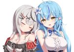  2girls absurdres ahoge bare_shoulders belt blue_bow blue_bowtie blue_hair bow bowtie braid breasts center_frills closed_eyes collarbone ear_piercing flower frills grey_hair hair_flower hair_ornament hairclip highres hololive kag_tsukimi large_breasts long_hair multicolored_hair multiple_girls piercing pointy_ears sakamata_chloe shirt simple_background sleeping sleeping_on_person sleeveless sleeveless_shirt streaked_hair upper_body virtual_youtuber white_background white_shirt yellow_eyes yukihana_lamy 