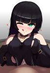  1boy 1girl ;p black_choker black_hair bocchi_the_rock! breasts breasts_squeezed_together choker cum green_eyes heart highres long_hair looking_at_viewer mouth_piercing one_eye_closed pa-san paizuri paizuri_under_clothes pov tongue tongue_out uber_(29131626) 