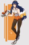  1girl absurdres alcohol beer beer_mug black_pantyhose blue_eyes blue_hair chicken_(food) clothes_writing commentary cup fire_emblem fire_emblem_awakening food grey_background grin highres holding holding_tray hooters long_hair looking_at_viewer lucina_(fire_emblem) mug orange_shorts pantyhose pantyhose_under_shorts shoes short_shorts shorts sierra117renner simple_background smile sneakers solo tank_top thighs tiara tray very_long_hair white_footwear white_tank_top 