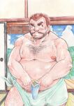  1boy abs after_bathing bara beard big_belly blush brown_hair bulge chest_hair colored_pencil_(medium) eating excessive_pubic_hair facial_hair feet_out_of_frame food ganson holding holding_food holding_ice_cream hot ice_cream large_bulge large_pectorals leg_hair looking_to_the_side male_focus male_pubic_hair mature_male mouth_hold muscular muscular_male mustache naked_towel navel navel_hair nipples old old_man original pectorals pubic_hair pubic_hair_peek receding_hairline short_hair shy sideburns sideburns_stubble solo stomach summer thighs topless_male towel towel_around_waist traditional_media uneven_eyes wrinkled_skin 