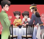  ajiyoshi_yoichi black_hair bow bowl chair chicken_(food) cup dumpling eating food fork headband highres holding holding_cup jiaozi long_hair mister_ajikko nakae_hyouta red_background red_bow ryuu_kouhou sakai_kazuma short_hair table torosaaaaamon yellow_headband 