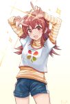  1girl ahoge arms_up artist_name blush breasts cowboy_shot denim denim_shorts dot_nose double_w hair_between_eyes idolmaster idolmaster_shiny_colors jadeqilin komiya_kaho long_hair long_sleeves looking_at_viewer medium_breasts open_mouth print_shirt red_eyes red_hair shirt short_sleeves shorts signature simple_background smile solo sparkle striped striped_shirt v-shaped_eyebrows w white_background white_shirt yellow_shirt 