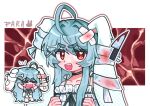  :d ahoge animal_ears bandaged_ear bandages black_ribbon blood blood_stain blue_hair bone_hair_ornament character_name chibi chibi_inset hair_intakes hair_ornament hikimayu indie_virtual_youtuber knife light_blue_hair long_hair lop_rabbit_ears para_(vtuber) pom_pom_(clothes) rabbit_ears red_eyes ribbon sharp_teeth smile spaghetti_strap teeth upper_body very_long_hair virtual_youtuber whilo_art x_hair_ornament 