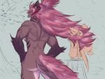  2023 anthro breasts brown_body brown_fur butt digital_media_(artwork) dragon duo female fur furred_dragon hair hair_grab hand_on_hip hi_res horn kerime_(trololohstuffs) ladder larger_female looking_at_viewer looking_back looking_back_at_viewer muscular muscular_female nude pink_hair plant rear_view sai_(trololohstuffs) size_difference smile standing touching_hair tree trololohstuffs 