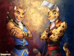  anthro duo felid feline jaguar kay_(legend_of_kay) legend_of_kay leopardus male male/male mammal martial_arts martial_arts_uniform ocelot pantherine sportswear tay_(zeakfurgay) the_dammitch weapon 