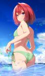  1girl absurdres ange_katrina ass bikini blue_eyes blue_sky cloud day from_behind green_bikini hair_intakes highres looking_to_the_side nagori0127 nijisanji outdoors red_hair short_hair side-tie_bikini_bottom sky solo standing swimsuit virtual_youtuber water 