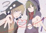  1boy 1girl :o black_hoodie blurry blurry_foreground brown_eyes brown_shirt casual character_name circle commentary cross-laced_clothes cross-laced_sleeves dated dutch_angle foreshortening green_hair grey_background heart heart_of_string highres hood hood_up hoodie index_finger_raised kagerou_project kano_shuuya kido_tsubomi koyon light_brown_hair long_hair looking_at_viewer looking_to_the_side notched_neckline open_clothes open_mouth pointing pointing_at_viewer print_hoodie purple_eyes purple_hoodie red_shirt shirt short_hair sidelocks sideways_glance smile sparkle t-shirt two-sided_hoodie upper_body w white_hoodie zipper zipper_pull_tab 